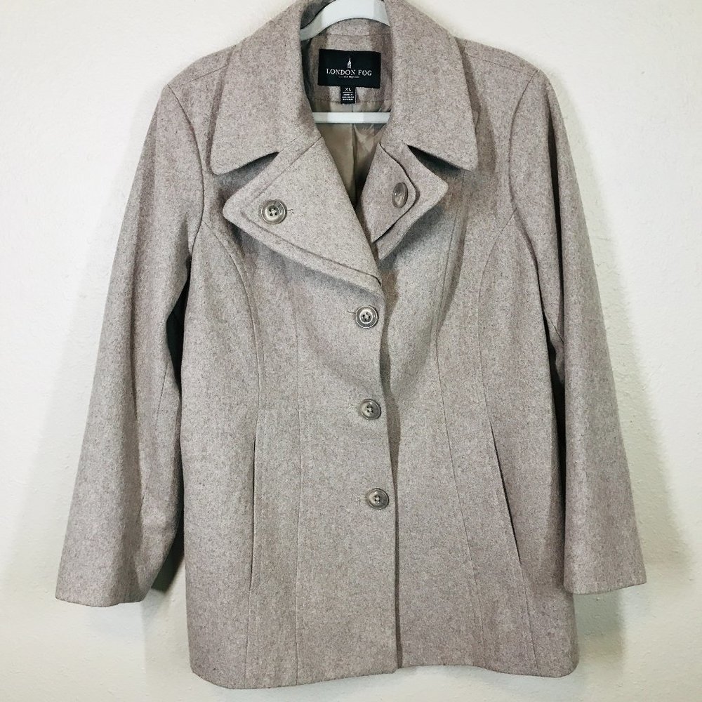 London Fog Gray Neutral Wool Blend Button Down Collared Pea Coat